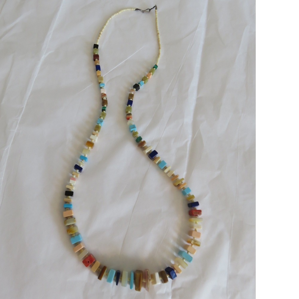 Vintage Boho Multi Gemstone Square Bead Necklace Long Southwestern Stone Strand